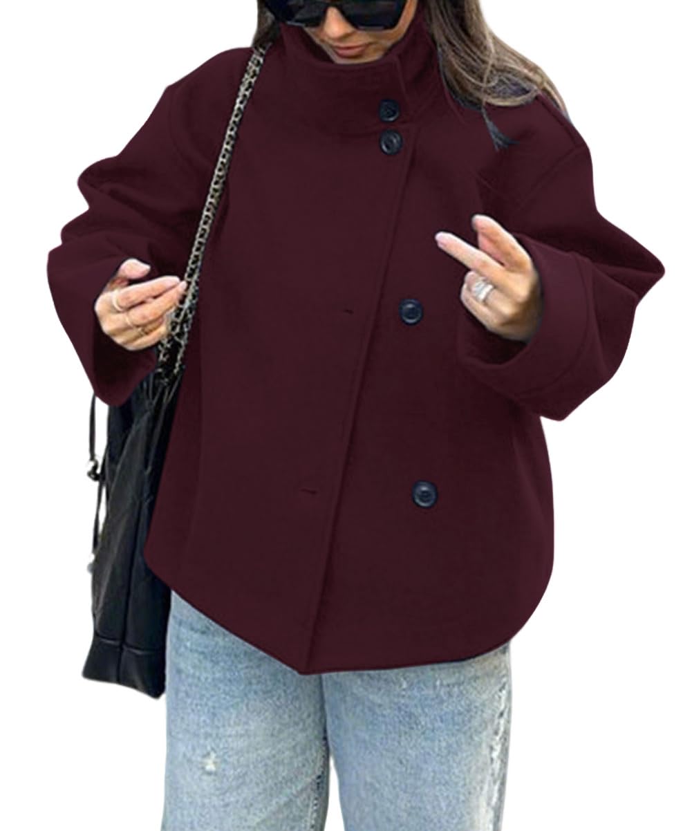 chartou Women Crop Pea Coat Wool Blend Winter Loose Casual Short Jacket Outwear-picture-14