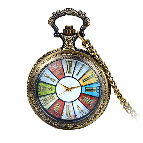 Avaner Orologio da Tasca Classico da Uomo Donna Ragazzi al Quarzo con cassa trasparente, orologio medaglione,Collana con ciondolo, numeri Romano,Bronzo