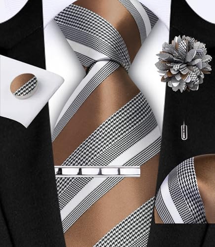 Image of GUSLESON Men's 5-pc Striped Tie Gift Set - Jacquard Necktie, Pocket Square, Cufflinks, Lapel Pin, Tie Clip - Wedding Formal Gifts