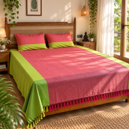 Image of RANGBHAR Handloom 100% Cotton Premium King Size Bedsheet | Hand Woven Bed Cover with 2 Pillow Covers | 250 GSM Thick Cotton Bedspread | 100x98 inch | Pink | Yarn Dyed