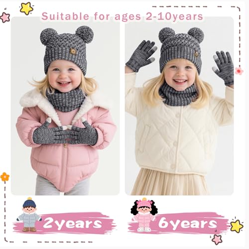 Image of Kids Winter Hat Gloves Scarf Set,Toddler Girls Winter Hat Kids Beanie with Pom Neck Warmer Gaiter Mittens Fleece Lined Set