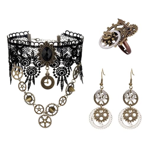 UOPJDD Collar En Equipo De 1 Pieza, 1 Par De Aretes Y Anillo De 1 Pieza, Joyas De Personalidad Retro, Joyas Góticas, Accesorios para La Ropa De Fiesta.