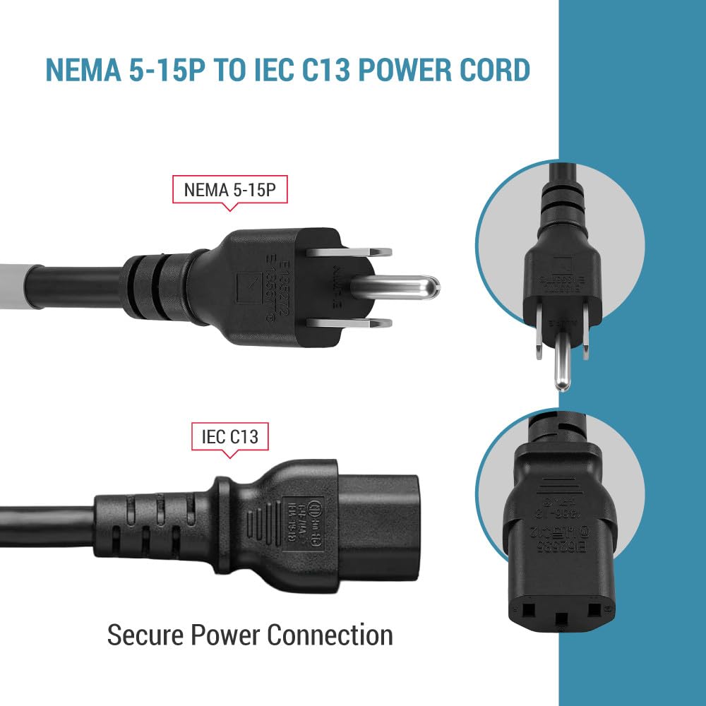 CablesAndKits - Robustes 1,8 m AC-Netzkabel – 3 Zinken Ersatz-Netzkabel, 15 A/125 V, 14 AWG, NEMA 5-15P auf IEC-60320-C13-3 AC-Kabel für PC, Monitor