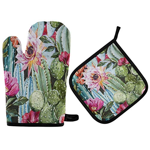 Blueangle Flowers Roses Cactus Oven Mitts and Pot Holders Heat Resistant to 536 F Non Slip Kitchen Oven Gloves and Potholders for CookingBakingGrilling 2-Piece