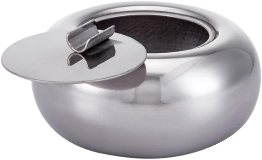 Stainless Steel Round Ashtray with Windproof Lid - Portable and Weight for Home Office and Outdoor Use