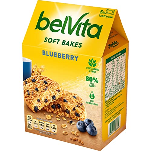 Belvita Breakfast Biscuits Soft Bakes Filled with Blueberry, Soft Biscuits with Blueberry Filling with 5 Wholegrains & Fibres, 250 g (Pack of 4)