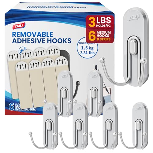 Image of TAILI Adhesive Double Hooks for Hanging, 6 Coat Hooks & 8 Strips, Silver | Hold Up to 3.3 LBS, Heavy Duty No-Drill Removable Large Wall Hanger for Towel, Backpack, Hat, Door,Kitchen Home Decor,