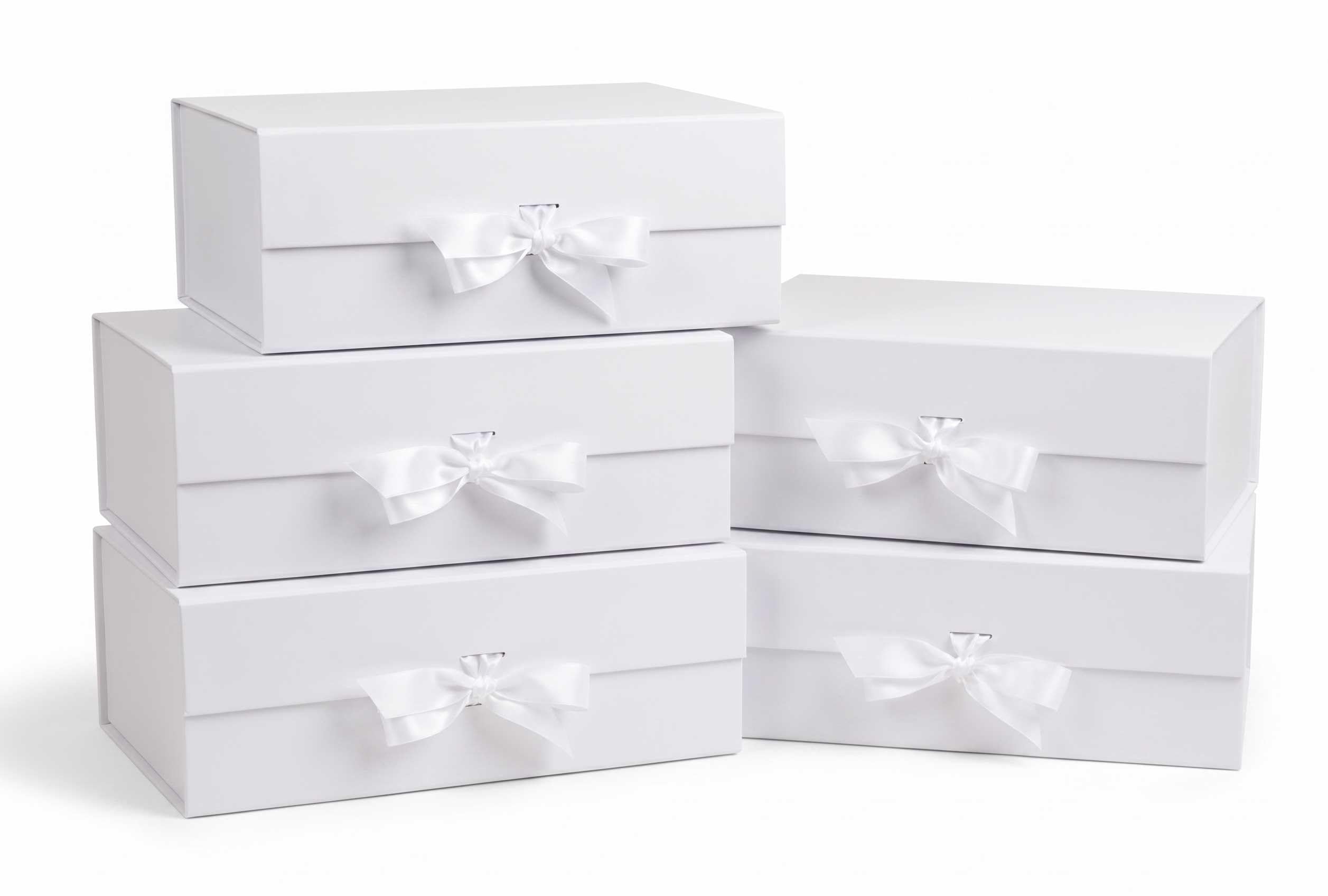 Emartbuy White Luxury Magnetic Gift Box with Ribbon Tie – Size 3 Premium Rigid Box for Weddings, Baby Showers & Hampers – (33 × 25 × 12 cm) – Pack of 5 Boxes