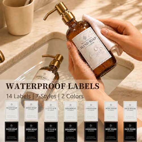 Image of Fachixy Amber Glass Soap Dispenser (2 Pack), 16 Fl Oz Hand & Dish Soap Dispenser Bottles Set with Rust-Resistant Stainless Steel Pump, Non-Slip Pad, 14 Waterproof Labels for Kitchen and Bathroom