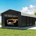 12x20FT Heavy Duty Metal Carport, Outdoor Carport with Galvanized Steel Frame and Roof, Multi-Use Car Garage Shelter with Removable Sidewalls, Enclosed for Cars, Pickup, Tractors, Tools, Cream White