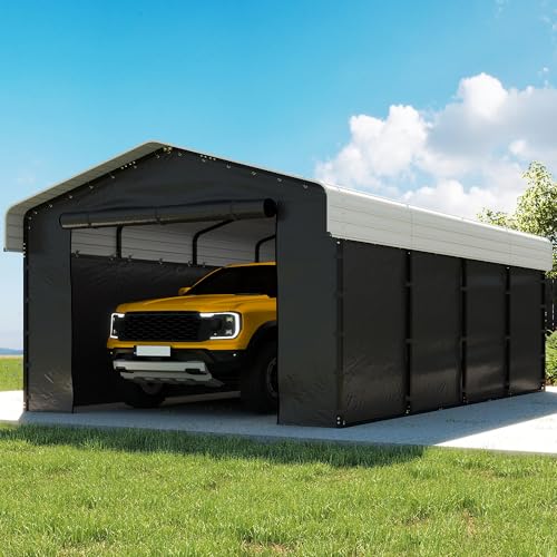 Image of 12x20FT Heavy Duty Metal Carport, Outdoor Carport with Galvanized Steel Frame and Roof, Multi-Use Car Garage Shelter with Removable Sidewalls, Enclosed for Cars, Pickup, Tractors, Tools, Cream White