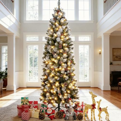 iCapeson 6FT Pre-Lit Christmas Tree, Artificial White Spraying Snow Flocked Pencil Holiday Decoration with 250 Warm LED Light & 37 Pine Cone, Metal Stand, 595 Tips for Indoor and Outdoor Use, Green