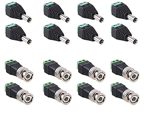 TAAPSEE 16 Pcs DC + BNC Male Power & Balun Connector for LED Strip, CCTV, Security Camera, Cable Wire Ends