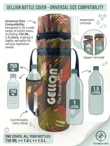 Image of Gellon Zip Bottle Cover In Teflon Coating Polyester Cloth For 750 ML, 1 L to 1.5 Litre Water Proof Drawstring Closer For Travel, Hiking, Office & School Kids In Military 2 Pattern