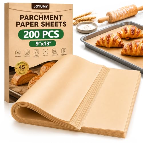 JOYUMY 200 PCS Unbleached Parchment Paper for Baking, Non Stick Brown Baking Sheets, Precut Parchment Paper Sheets for Cooking, Air Fryer, Oven (9" x 13")