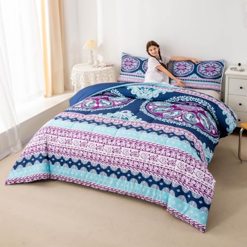 Feelyou Boho Mandala Comforter Set Queen Size Bohemian Medallion Bedding Set For Kids Teens Women Girls Hippie Paisley Comforter Quilt Breathable Teal Purple Exotic Floral Duvet Set Navy Blue Decor Quilt Bed thumb #6