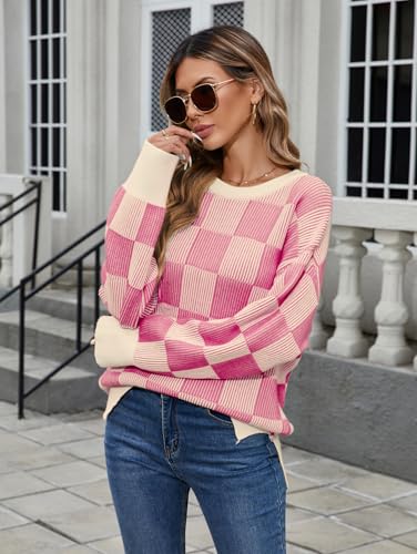 Image of Famulily Womens Long Sleeve Crew Neck Sweater Color Block Plaid Checker Pullover High Low Side Slit Pullover