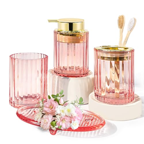 CERBIOR Bathroom Accessories Set 4 PCS Glass Bathroom Set Golden Pink