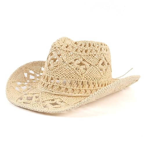 Straw Cowboy Hat Cowgirl Straw Hats Shapeable Wide Brim Staw Beach Sun Hat Beige