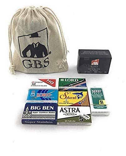 GBS Double Edge Safety Razor Blade Collection Pack Comes With 50 Blades Perfect For Barber Shavette Natural Alum Block Best For Smooth Face Shaving Blades: Shark Lord Astra Bigben Derby Etc.
