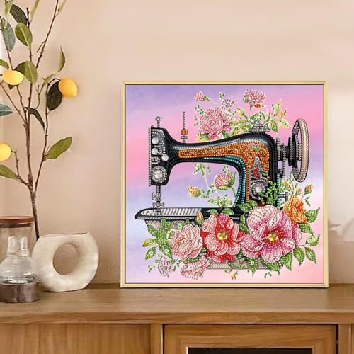 Image of Diamond Art Painting Kits for Adults, 5D Special Shape Diamond Art Kits for Beginners, Crystal Rhinestones Diamond Art Painting for Home Wall Decoration Gift 12x12inch, Old Flower Sewing Machine