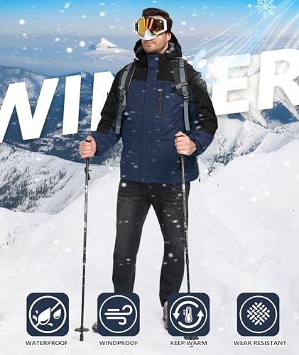 Image of Mens Winter Jackets Waterproof Warm Fleece Ski Jacket with Hood Thermal Windproof Coat Zip Pockets