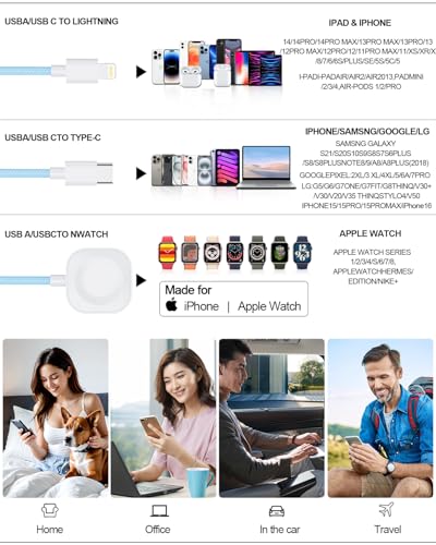 Image of Apple Watch Charger Cable 6FT 3 in1Multi Charging Cable for iwatch iPhone Nylon Braided USB A /C to Lightning Type C Multi Charger Cord Long iWatch Magnetic Wireless Charger- Travel Essentials