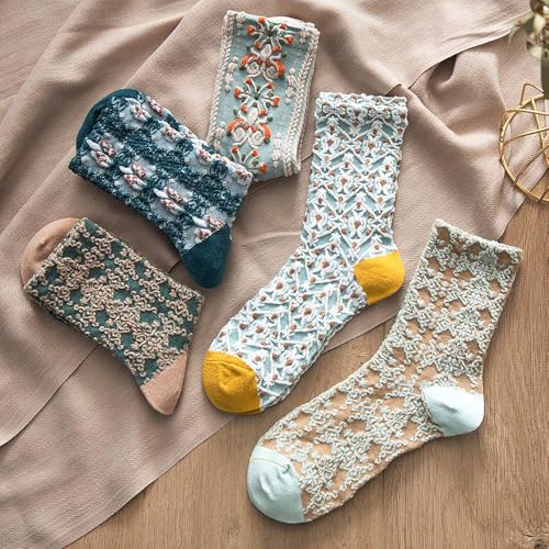 Image of HOMSSEM Floral Crew Socks - 5Pair Flower Graphic Soft Cotton Socks for Women, Teen Girls - for Sandals, - Cute Vibrant Colors