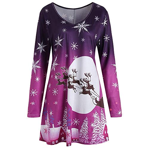 JURTEE Women Vintage Xmas Costume Christmas Printing Long Sleeve Round Neck Above Knee Party Shift Dress T Shirt Dresses(XL,Purple)