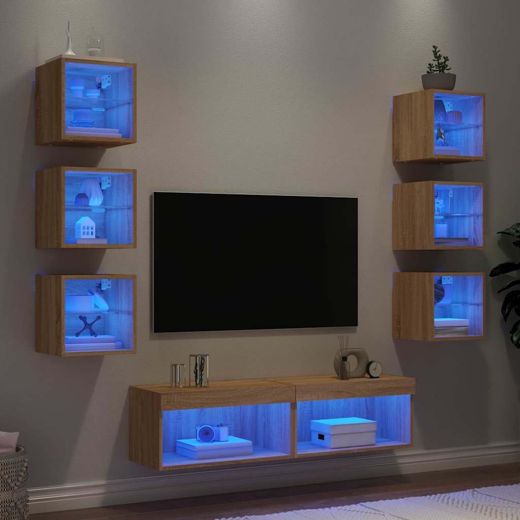 8-TLG. Wohnwand Sonoma Roble Holzwerkstoff, Wandmontage RGB-LED-Beleuchtung Stauraum für Wohnzimmer, Medien & Bücher 30x28,5x30cm, Feuchtigkeitsbeständig
