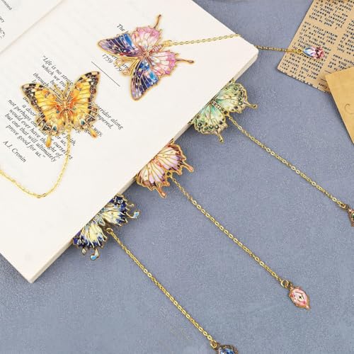 Image of 6 Pieces Metal Butterfly Bookmarks with Colorful Chains, Decorative Reading Bookmarks, Paper Cards for Gifting, Unique Book Page Markers for Students, Teachers, Women, Book Lovers