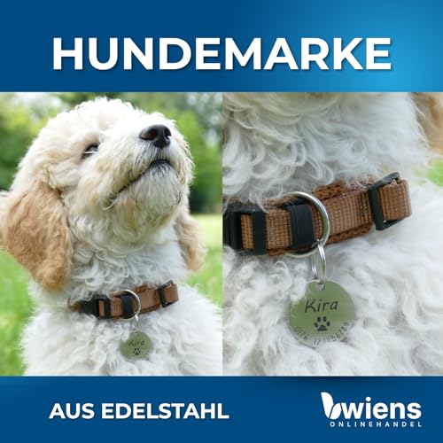 WIENS3D Hundemarke mit Gravur - Personalisiert mit Name - ⌀23mm - Namensschild für Halsband - Dog Tag - Anhänger Marke für Hunde - mit Symbolauswahl - Tiermarke für Hunde, Katzen & Welpen