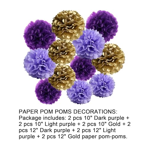 Image of 12pcs Dark Purple,Light Purple and Gold Paper Pom Poms Decorations for Party Ceiling Wall Hanging Tissue Flowers Decorations - 3 Colors of 12 Inch, 10 Inch.