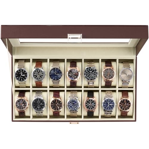 Image of ProCase Watch Box Organizer, 14 Slot Watch Display Case With Glass Lid, Watch Storage Holder Mens Watch Case, Anniversary Birthday Valentine Gifts for Men Women -14 Slot, Espresso&Beige