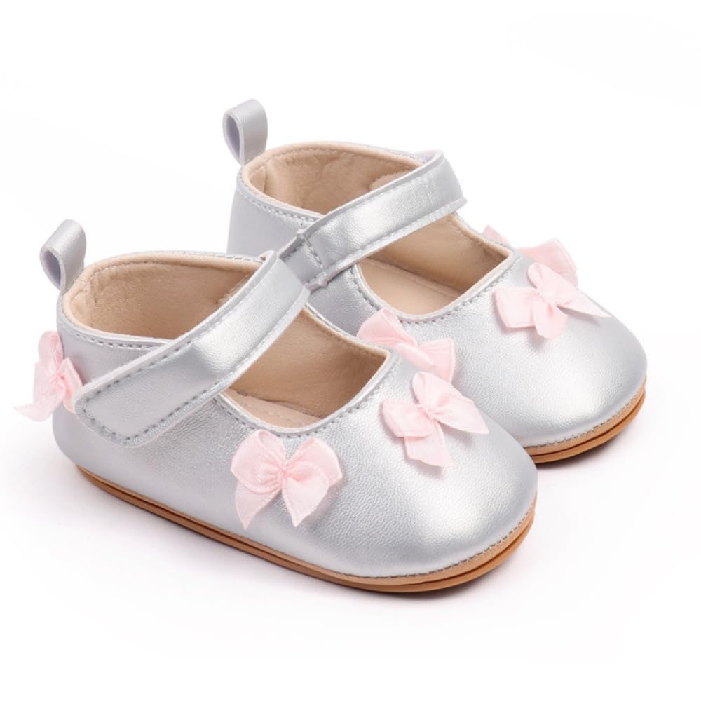neska moda 6 To 12 Months Baby Girls Bow Silver Hook & Loop Anti Slip Belly Booties-BT5451-picture-12