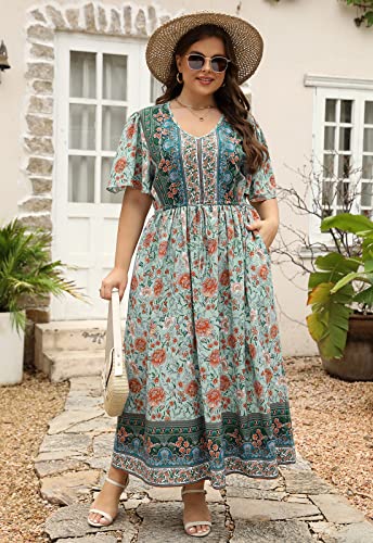 Plus Size Boho Floral Maxi Dress for Women with Pocket