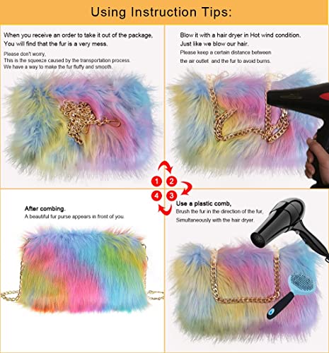 Fhqhth Faux Fox Fur Purse Fuzzy Handbags For Women Foldover Evening Bags Al Alloy Shoulder Strap [Rainbow Colors] #TOP5