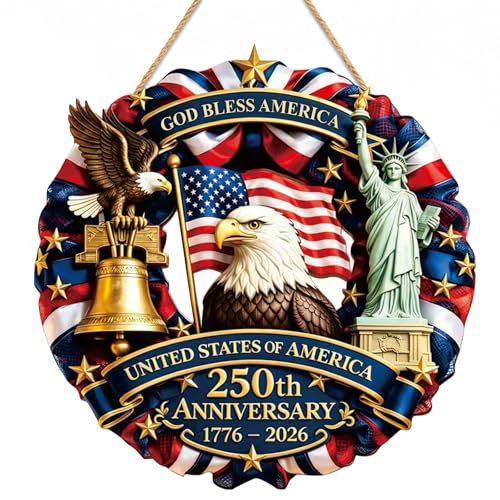 250th Anniversary Eagle Wreath Wooden Patriotic Wreaths for Front Door 250 Anniversary USA Decorations for 4th of July Independence Day Memorial Day and Veterans Day