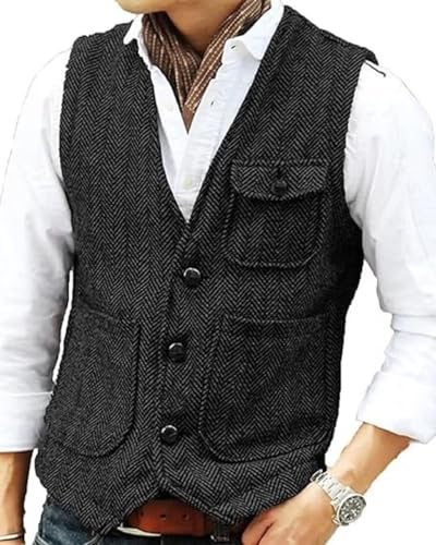 Yarizm Casual Men's Vests Herringbone Tweed Vest V-Neck Waistcoat For Men Retro Men's Wedding Vests Travel Workwear Vest