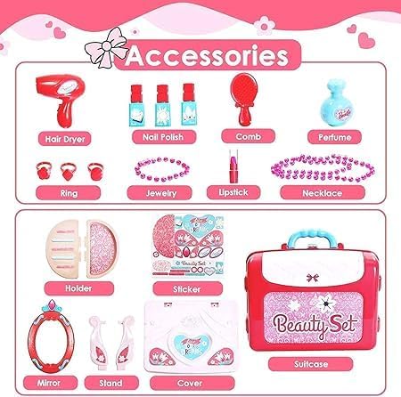 TONICTOYS 3 in 1 Beauty Makeup Plastic Pretend Play Set Fashion Set Suitcase Toy, Gift for Girls 3-8 Year Old Kids,Multi Color (3 in 1 Beauty Set) 1