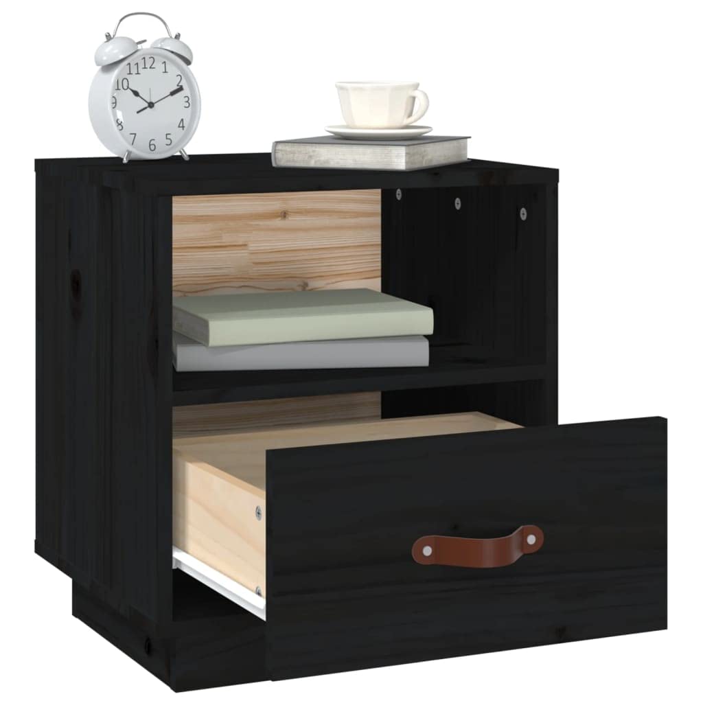 Comodino Nero in Legno Massello di Pino 45x45x40 cm con Cassetto e Vano a Giorno, Mobiletto Salvaspazio per Camera da Letto Soggiorno Ufficio, Tavolino Contenitore Organizzatore