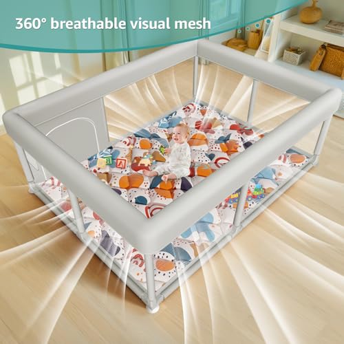 Image of 65 x 50 Inch Baby Playpen with Mat, PlayPen for Babies and Toddlers, Sturdy Safety Play Yard for Indoor & Outdoor with Zipper Gates