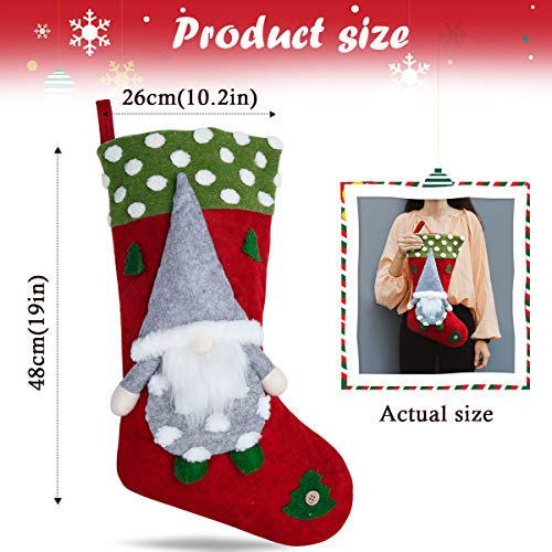 FUNSEED Christmas Gnome Stockings, 19 inch 3 Pack Swedish Tomte 3D Santa Gnomes Nordic Figurine Fireplace Hanging Stockings for Xmas Holiday Decoration