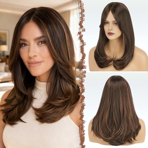 Image of FESHFEN Wigs with Bangs for Women, Synthetic Natural Looking Long Layered Straight Hair Wig for Women Daily Party Use, 18 inch Brown Mixed Auburn