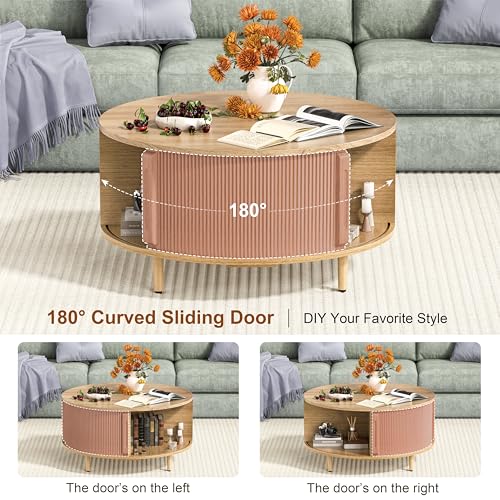 Image of Round Coffee Table, 31.5 inch Fluted Center Table with Storage, Lift-Top Coffee Table with Adjustable Footpads, Sliding Door, Mid-Century Modern Center Table for Living Room, Small Space (Nature)