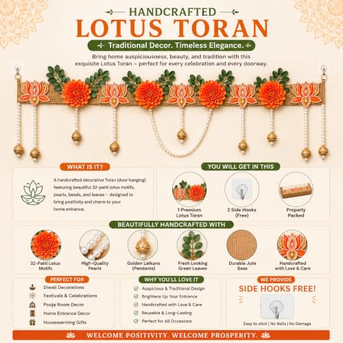 Image of Premium Lotus Toran for Main Door Entrance|Handmade Orange Lotus Flower Banderwal with Pearl Hanging & Green Leaves|Decorative Door Hanging for Diwali, Pooja, Wedding & Home Decor|38 in.