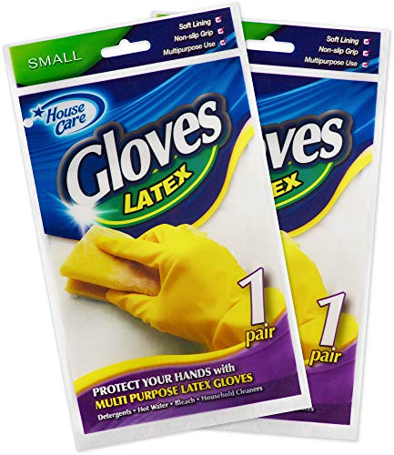 SteadMax 2 Natural Rubber Gloves, Individually Packed Pairs for Single Use, Natural Rubber Latex Yellow Cleaning Gloves, Small (2 Pairs)
