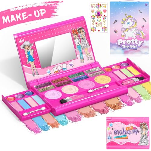 Kids Makeup Kit for Girls, Princess Washable Cosmetic Toy Set with Mirror & Diamond Stickers, Non-Toxic Safe Pretend Play Beauty Toys for Girls Aged 3-12, Perfect Birthday Christmas Gift
