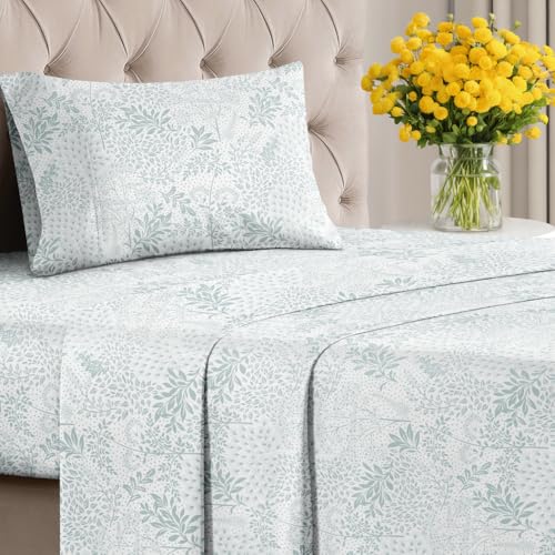 Image of Twin 3 Piece Floral Sheet Set - Soft, Breathable & Cooling - Gray Ferns | 1 Flat, 1 Fitted & 1 Pillowcase w / Deep Pockets, Boho Botanical Floral Bedding, Breathable & Cooling, Wrinkle & Fade Free