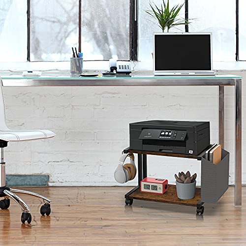 Vedecasa 2 Tier Rustic Brown Wooden Under Desk Printer Stand With Storage Bag For Home Office Desktop Printer Table Organizer Mobile Printer Shelf Cart With Caster Wheel #TOP1